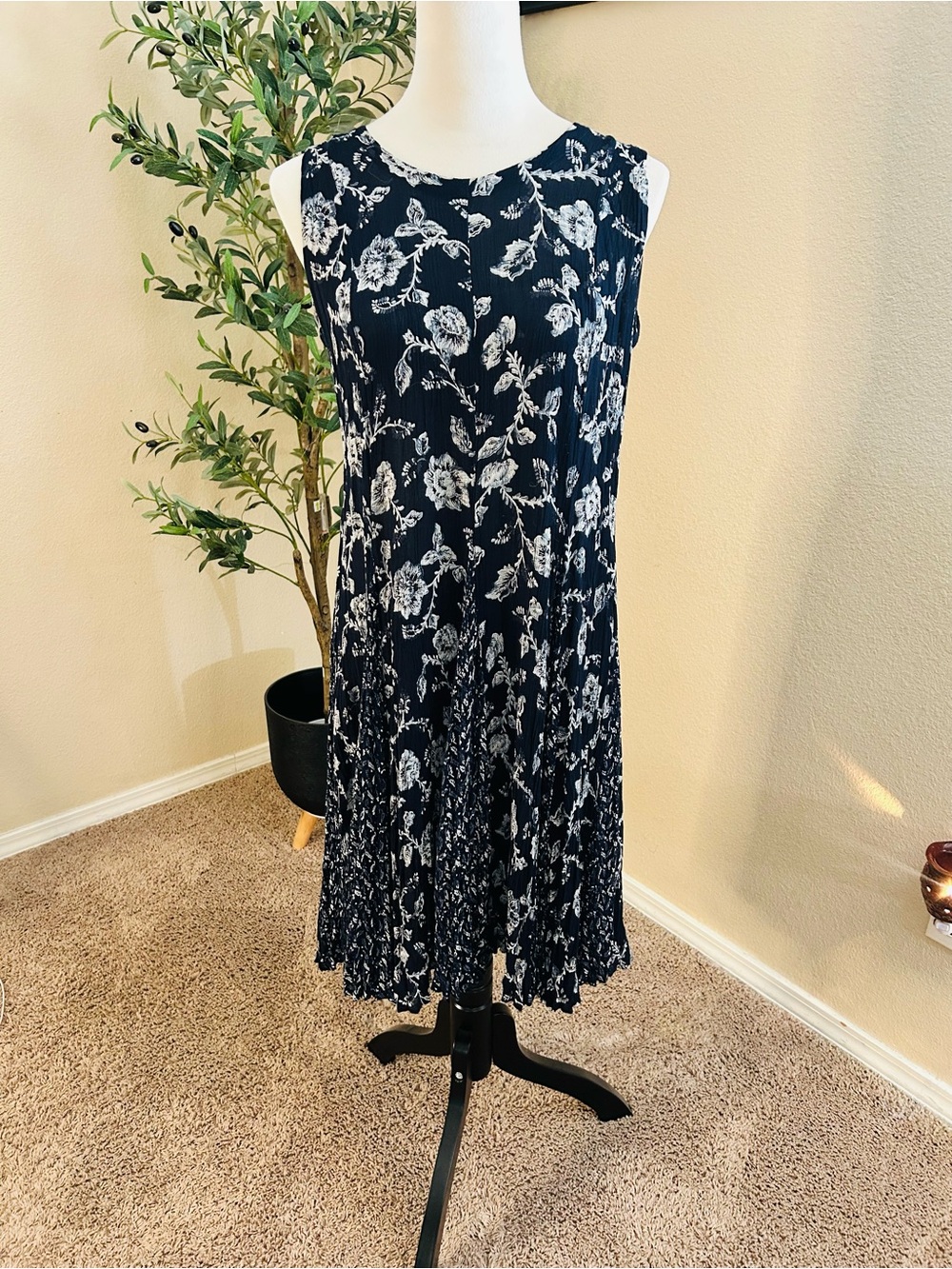 Starina Vintage Floral High-Low Dress Dark Navy w/Godets Boho